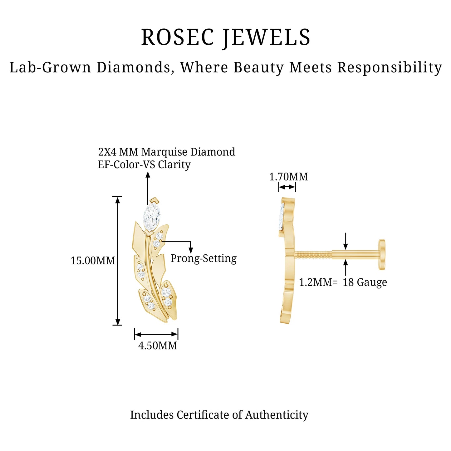 Diamond Leaf Crawler Earring for Helix Piercing