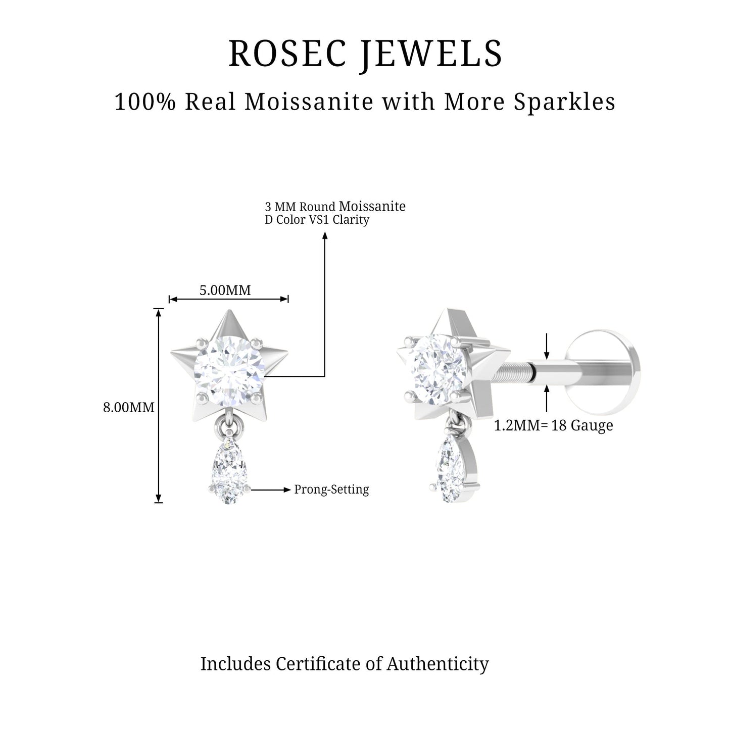 Unique Moissanite Star Drop Earring for Cartilage Piercing