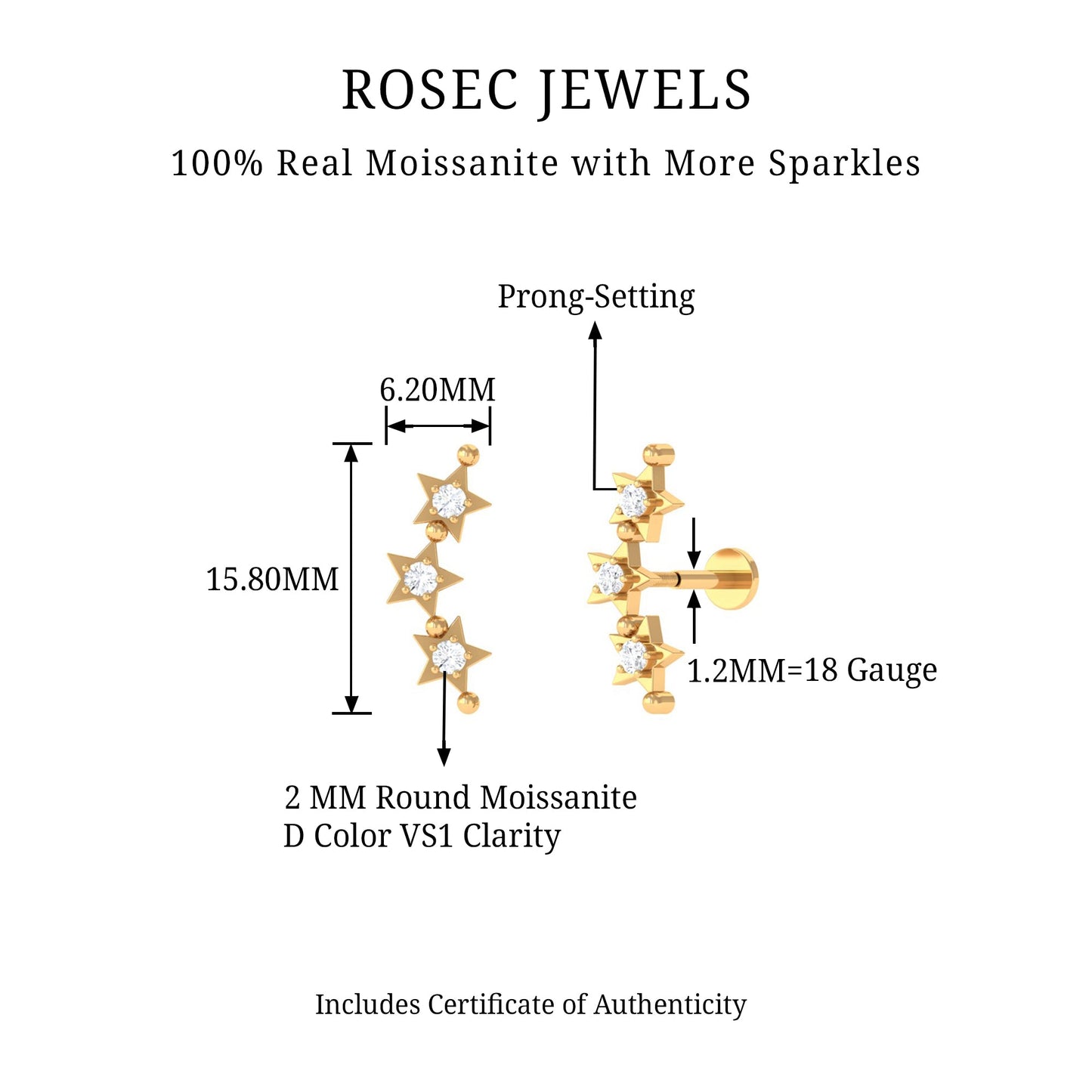 Moissanite Triple Star Ear Climber Earring