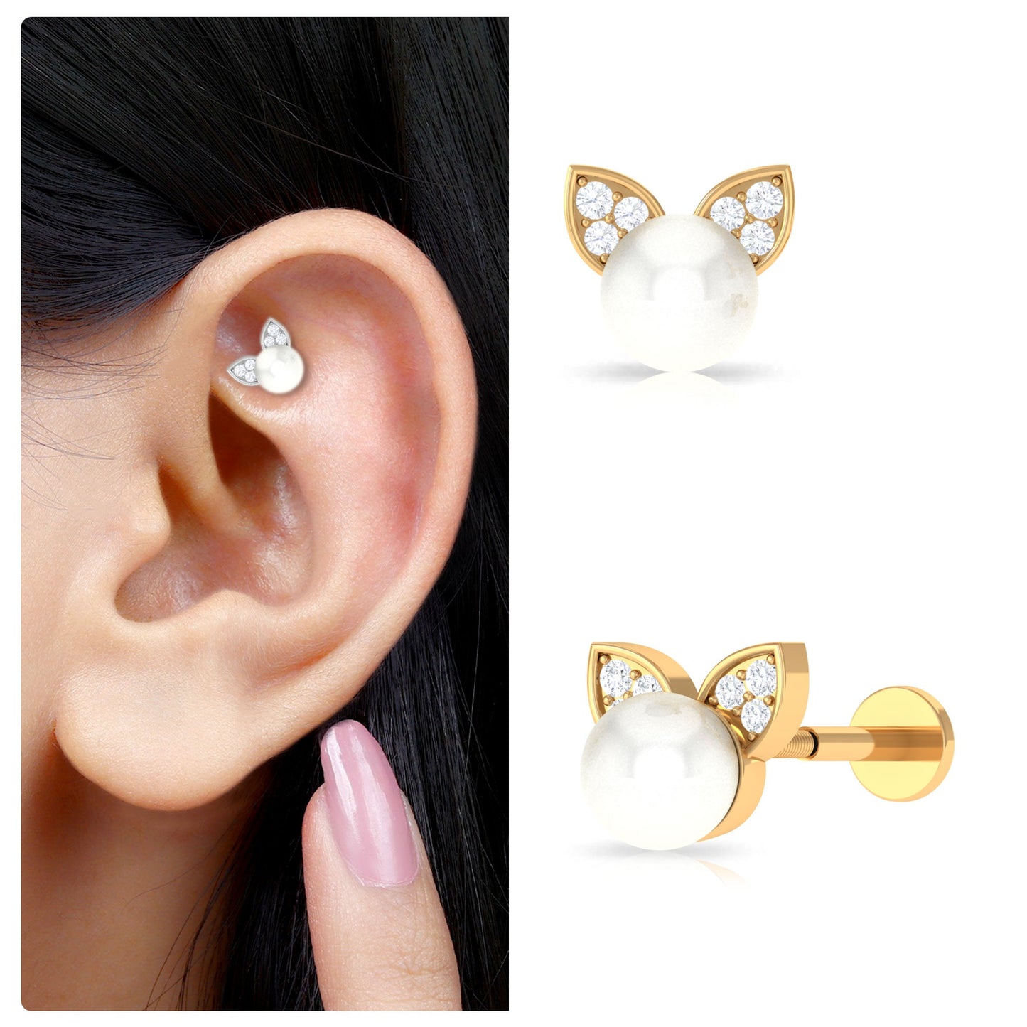 Cute Freshwater Pearl and Diamond Cat Cartilage Earring