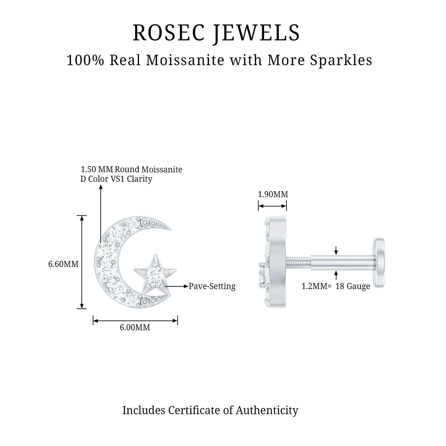 Moissanite Moon and Star Cartilage Earring