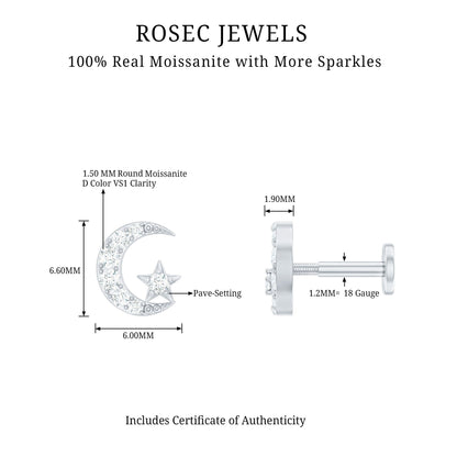 Moissanite Moon and Star Cartilage Earring