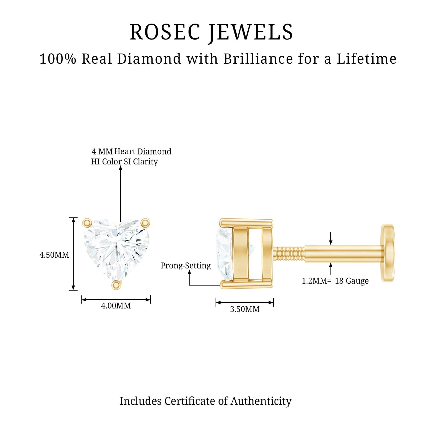 Solitaire Diamond Heart Earring with Flat Back