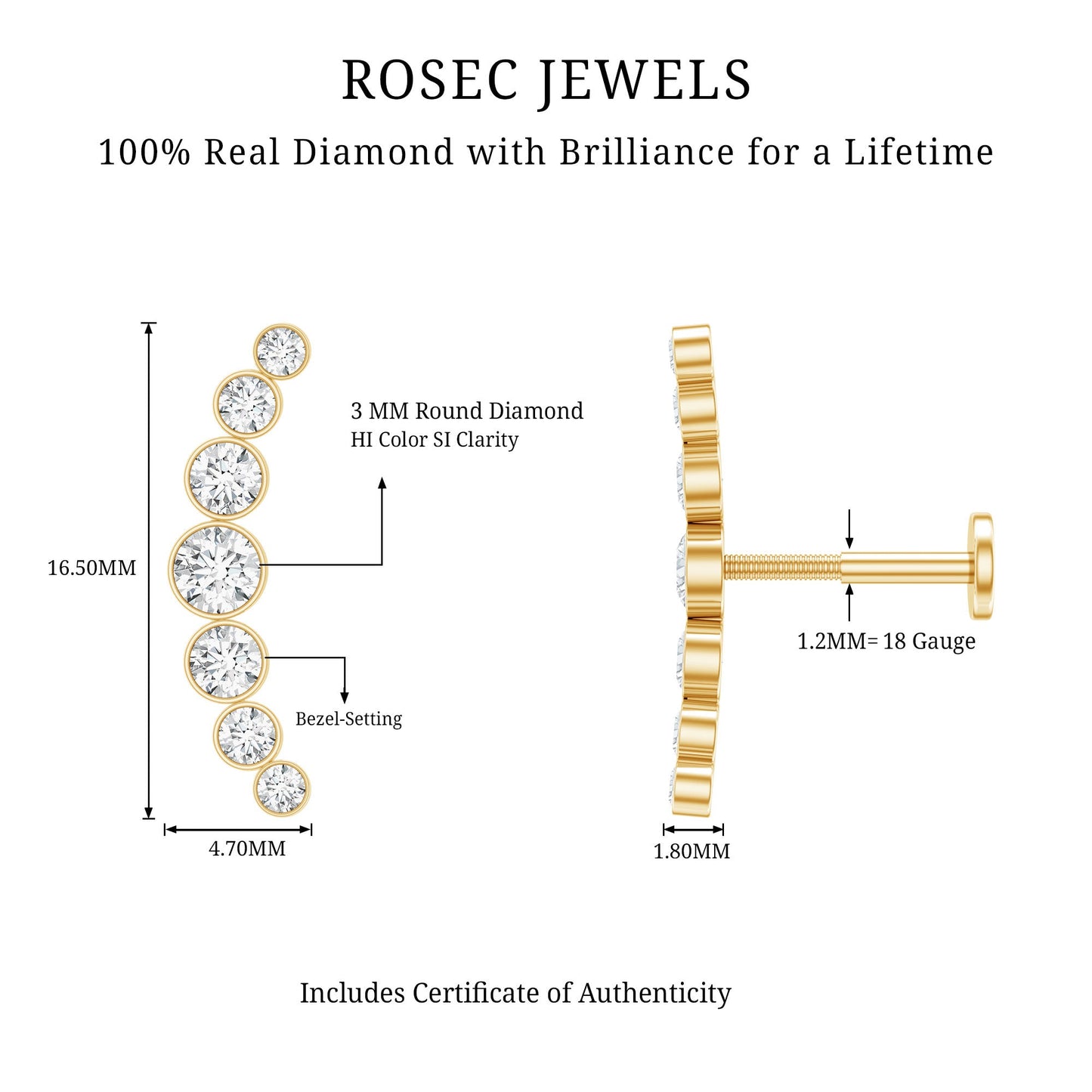 Graduated Diamond Crawler Helix Earring in Bezel Set