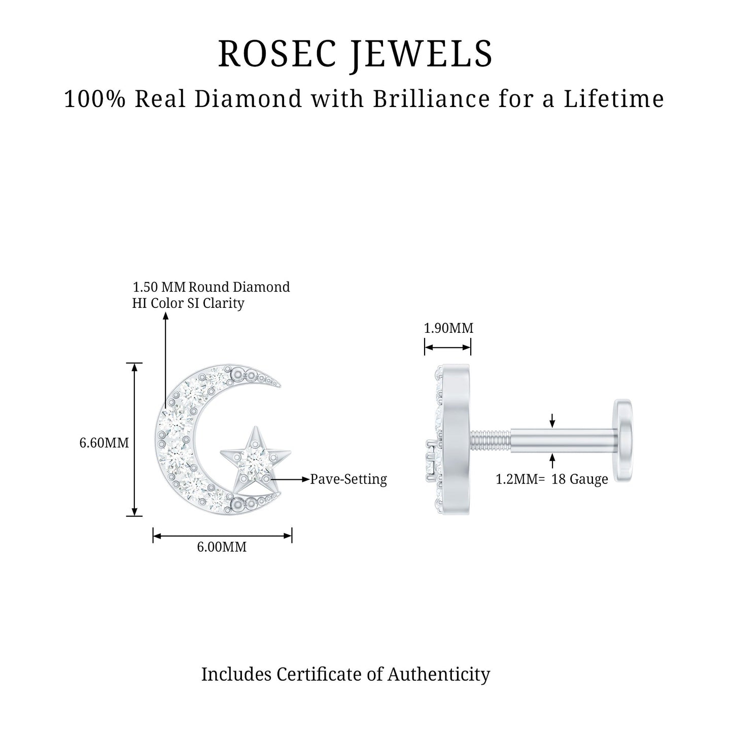 Certified Diamond Crescent Moon Helix Earring with Star