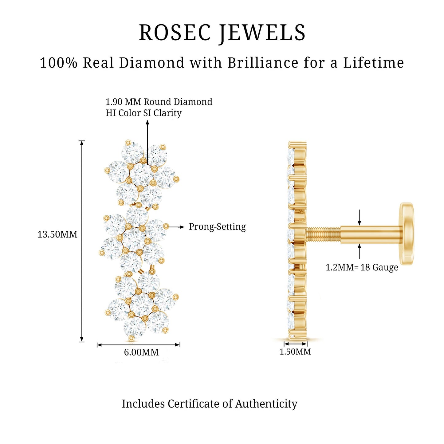Diamond Three Flower Crawler Earring for Helix Piercing