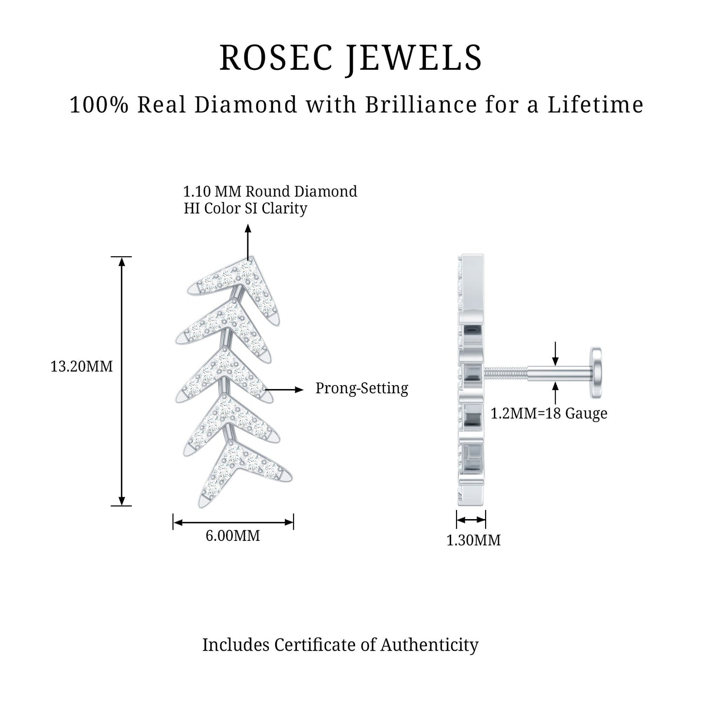 Minimalist Diamond Leaf Crawler Earring for Helix Piercing