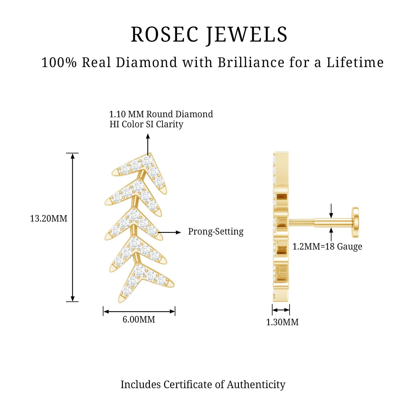 Minimalist Diamond Leaf Crawler Earring for Helix Piercing