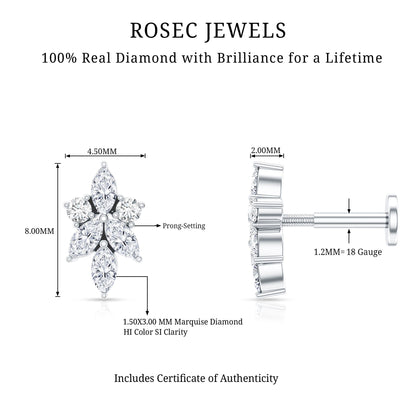 Marquise Diamond Cluster Flower Earring with Flat Back