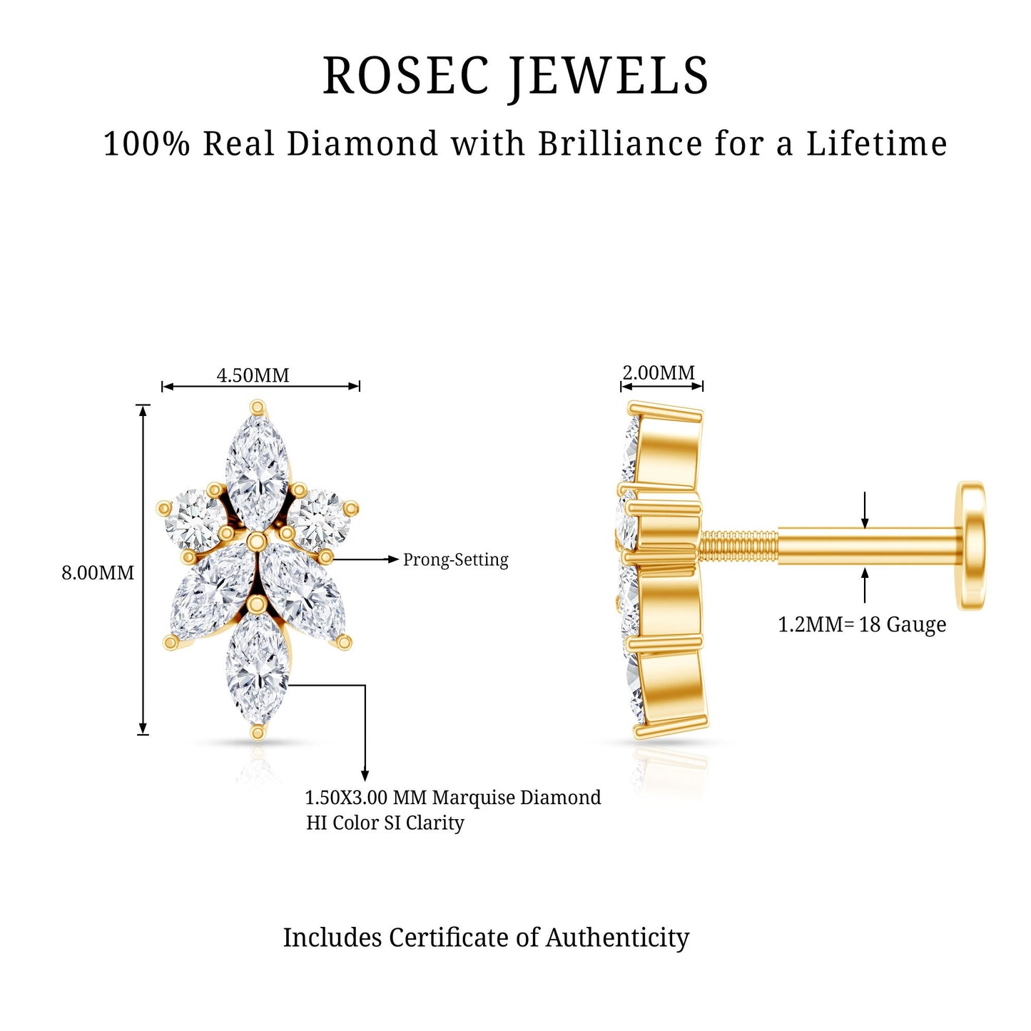 Marquise Diamond Cluster Flower Earring with Flat Back