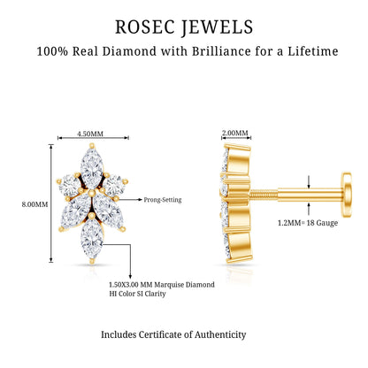 Marquise Diamond Cluster Flower Earring with Flat Back