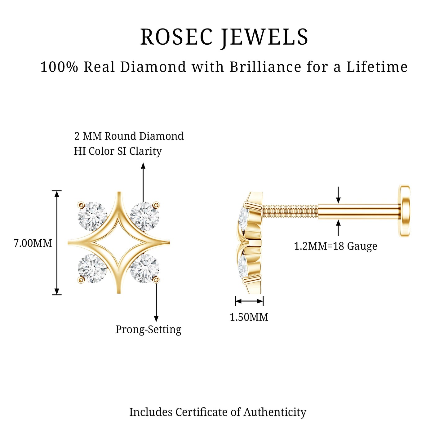 Round Cut Diamond Star Earring for Helix Piercing