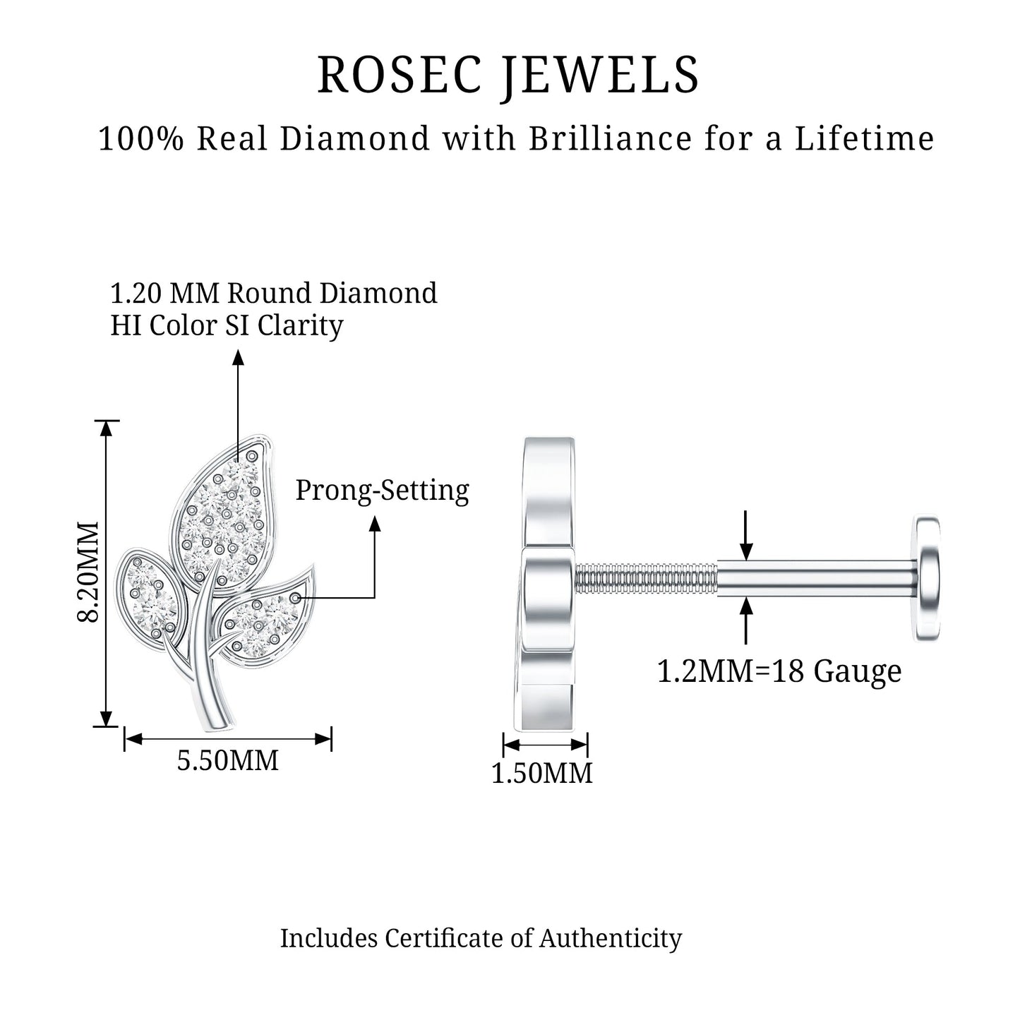 Diamond Leaf Flat Back Cartilage Stud Earring (18G) – Nature Inspired Helix & Tragus Jewelry in Gold