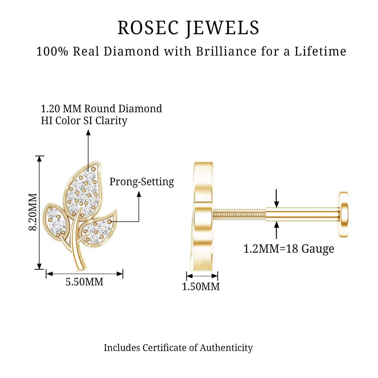 Diamond Leaf Flat Back Cartilage Stud Earring (18G) – Nature Inspired Helix & Tragus Jewelry in Gold