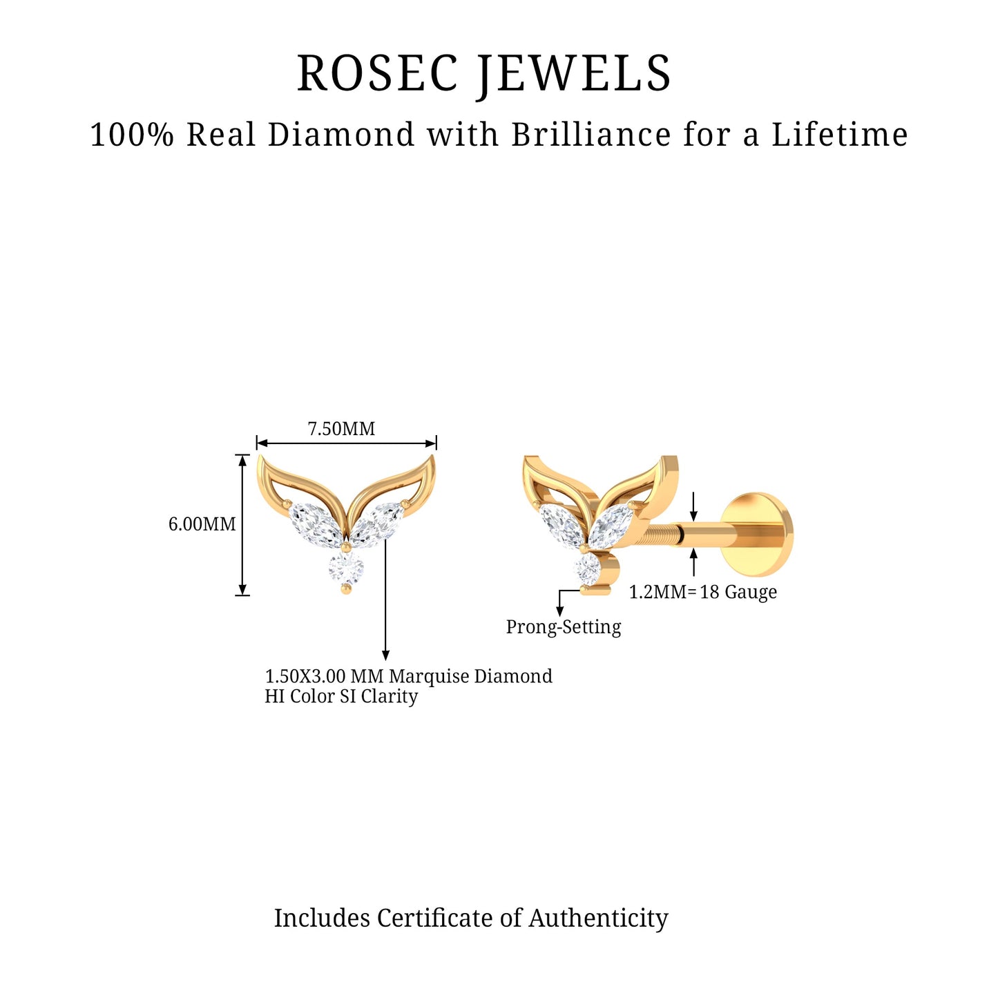 Marquise Diamond Leaf Earring for Cartilage Piercing