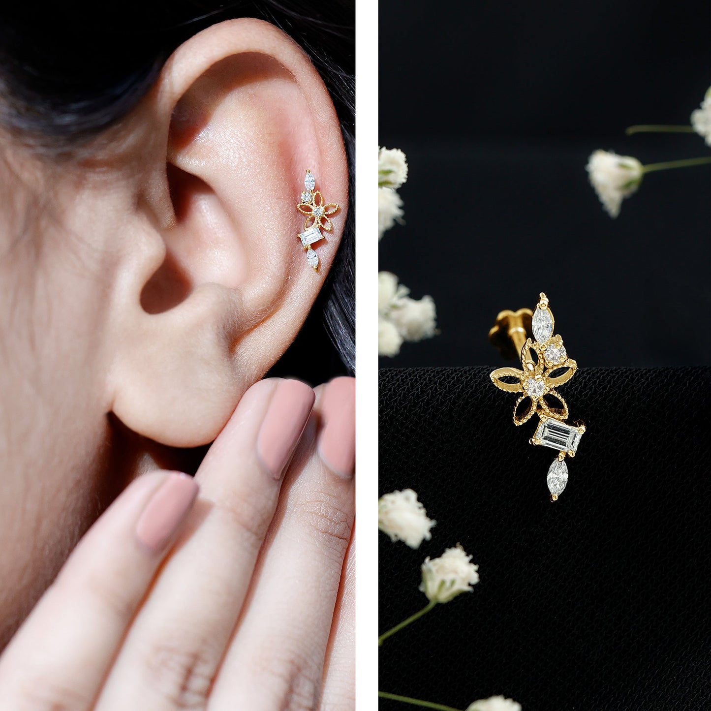 Real Diamond Flower Crawler Earring for Helix Piercing