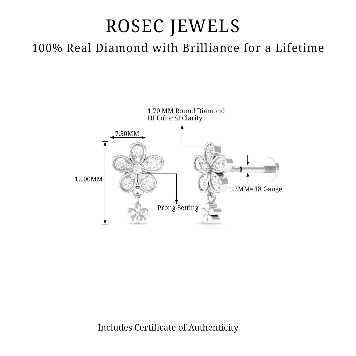 Certified Diamond Flower Helix Drop Earring