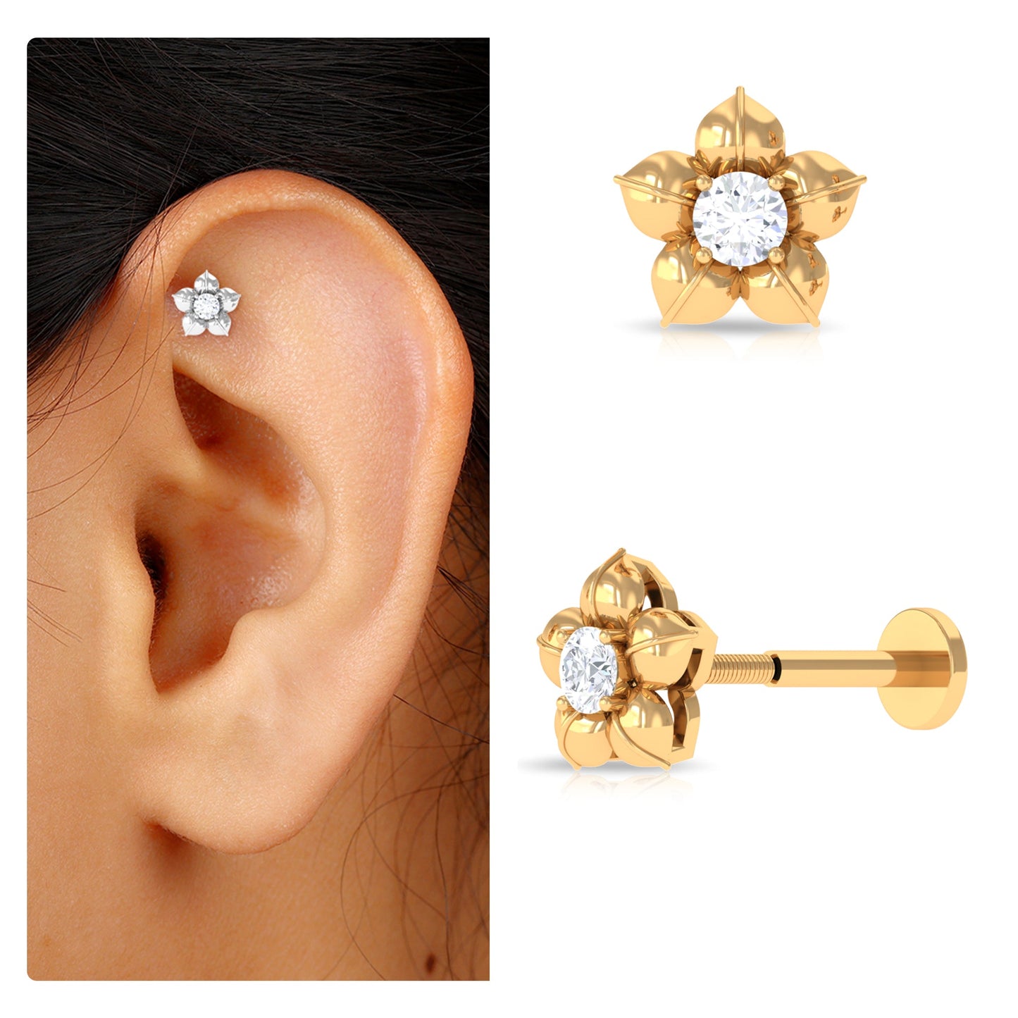Minimal Diamond Flower Earring for Helix Piercing