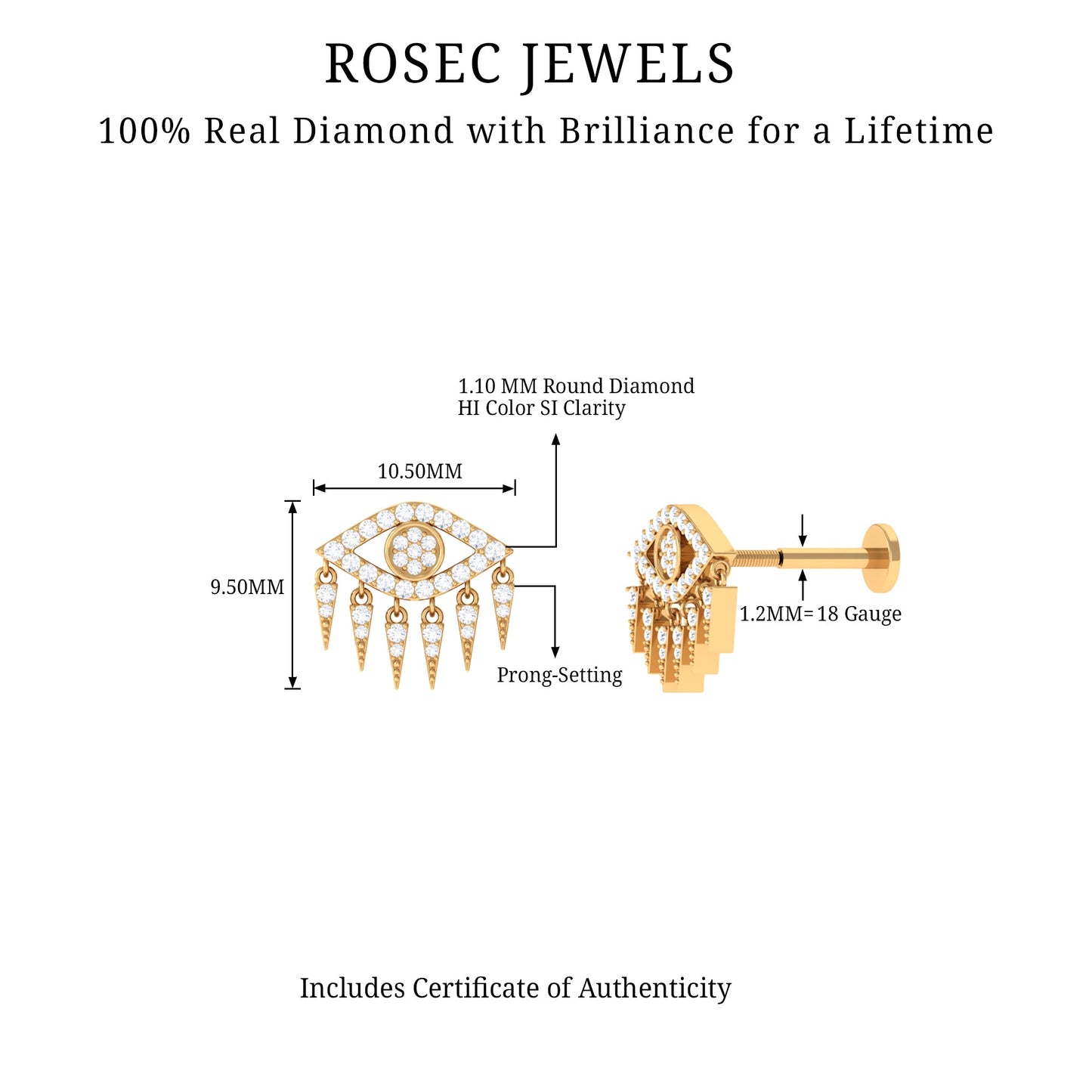Diamond Evil Eye Earring for Upper Lobe Piercing