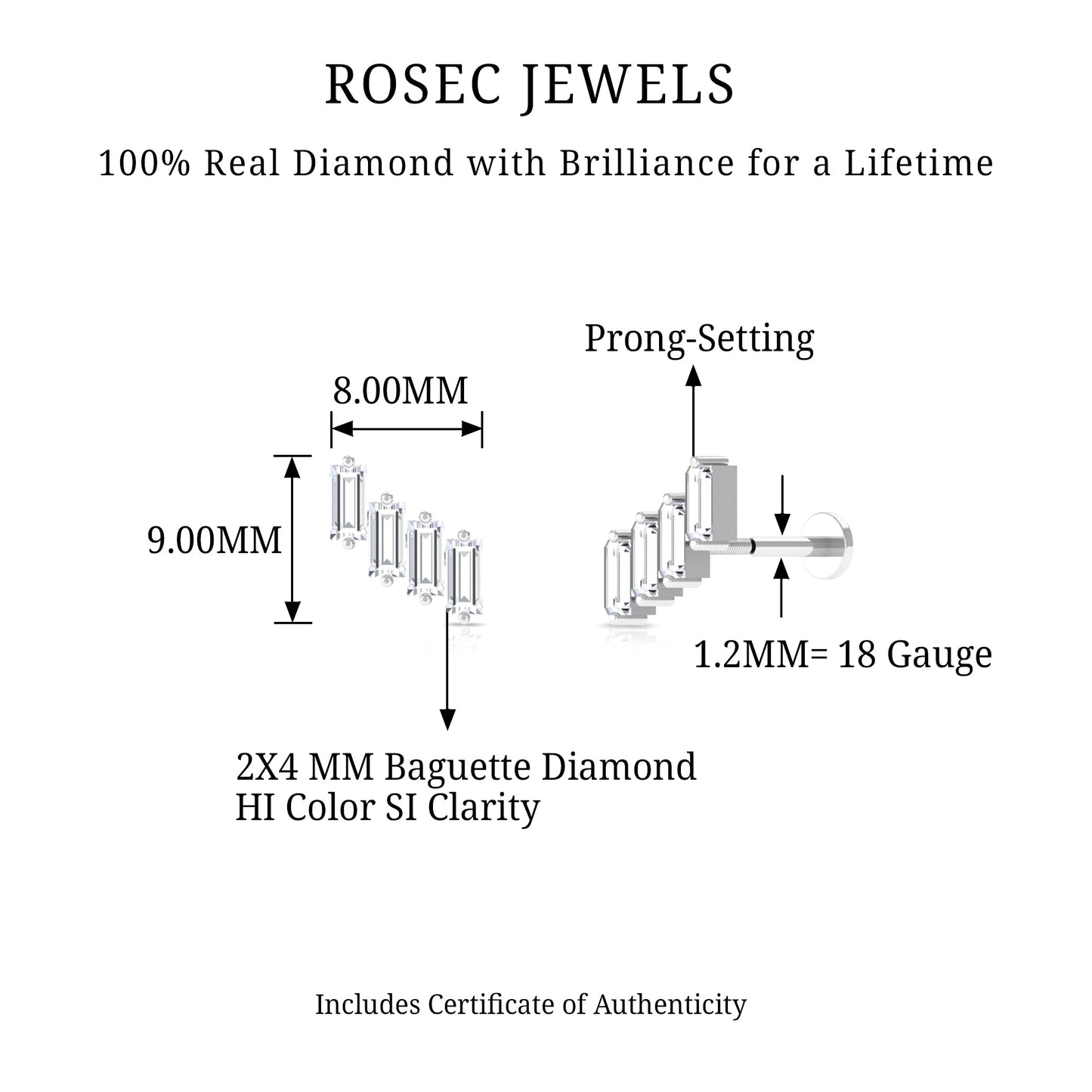 Baguette Diamond Helix Earring with Flat Back