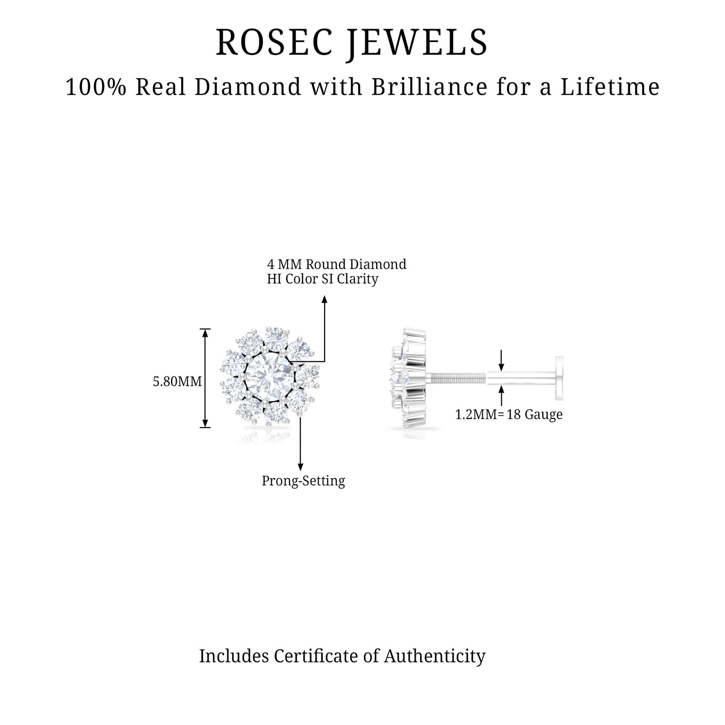 Certified Diamond Cluster Stud Earring with Flat Back
