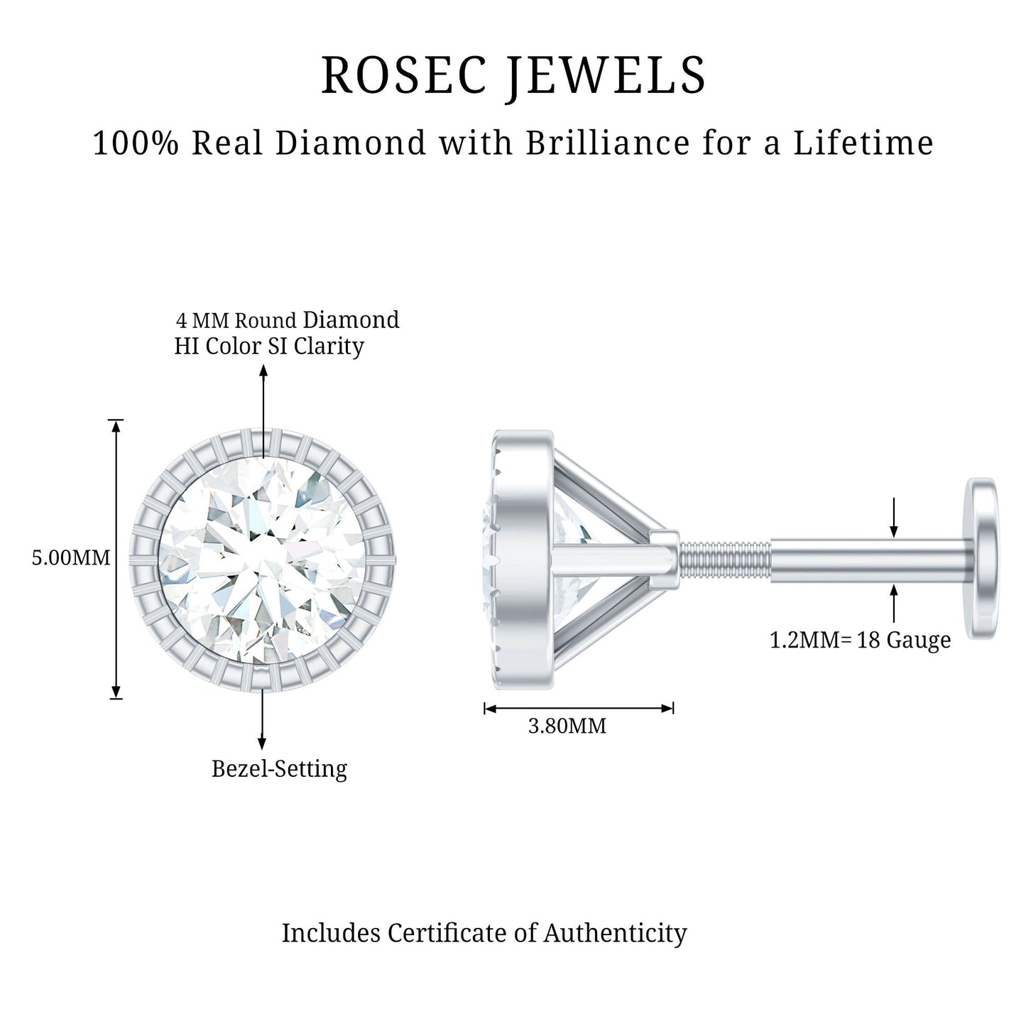 Bezel Set Diamond Solitaire Stud Earring for Helix Piercing