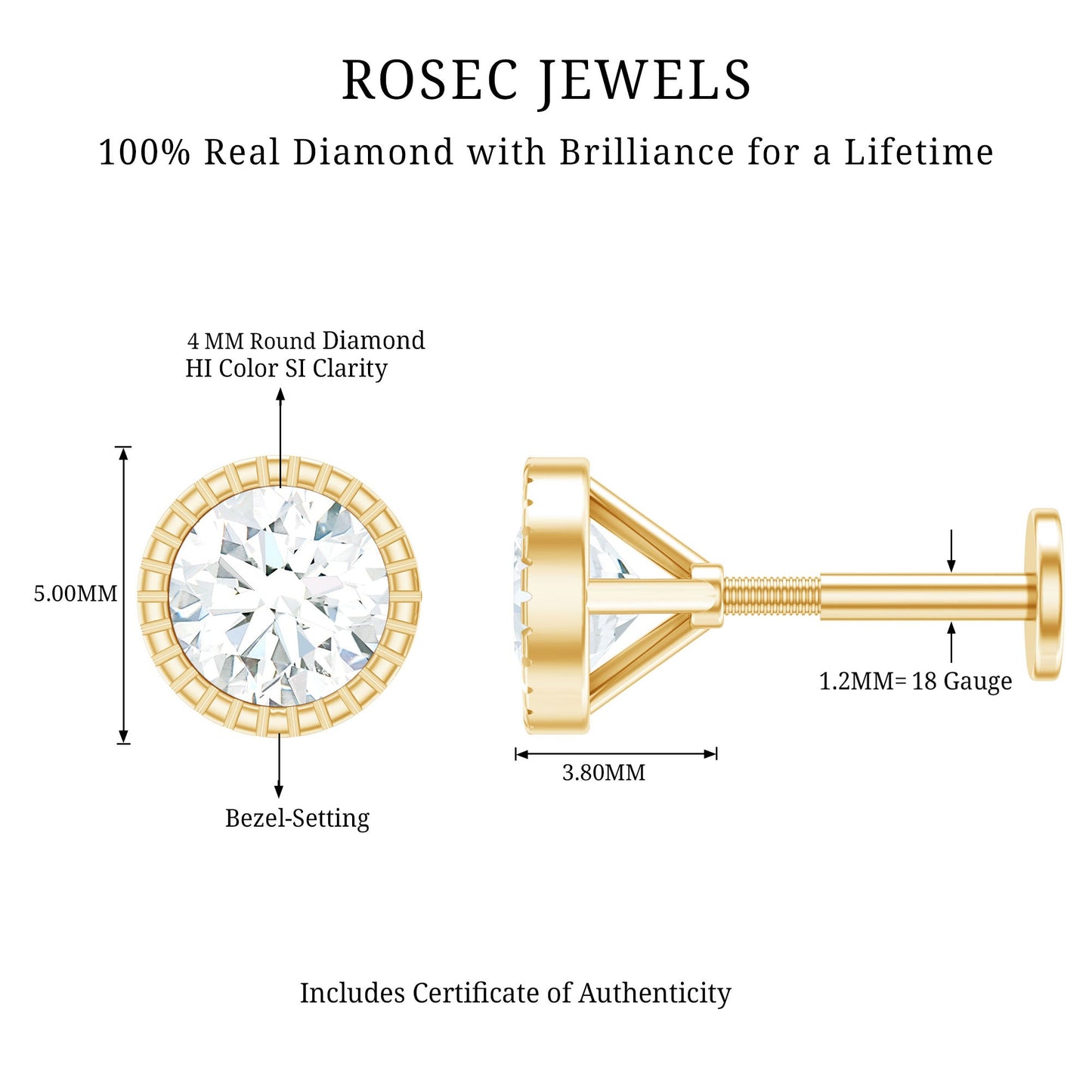 Bezel Set Diamond Solitaire Stud Earring for Helix Piercing