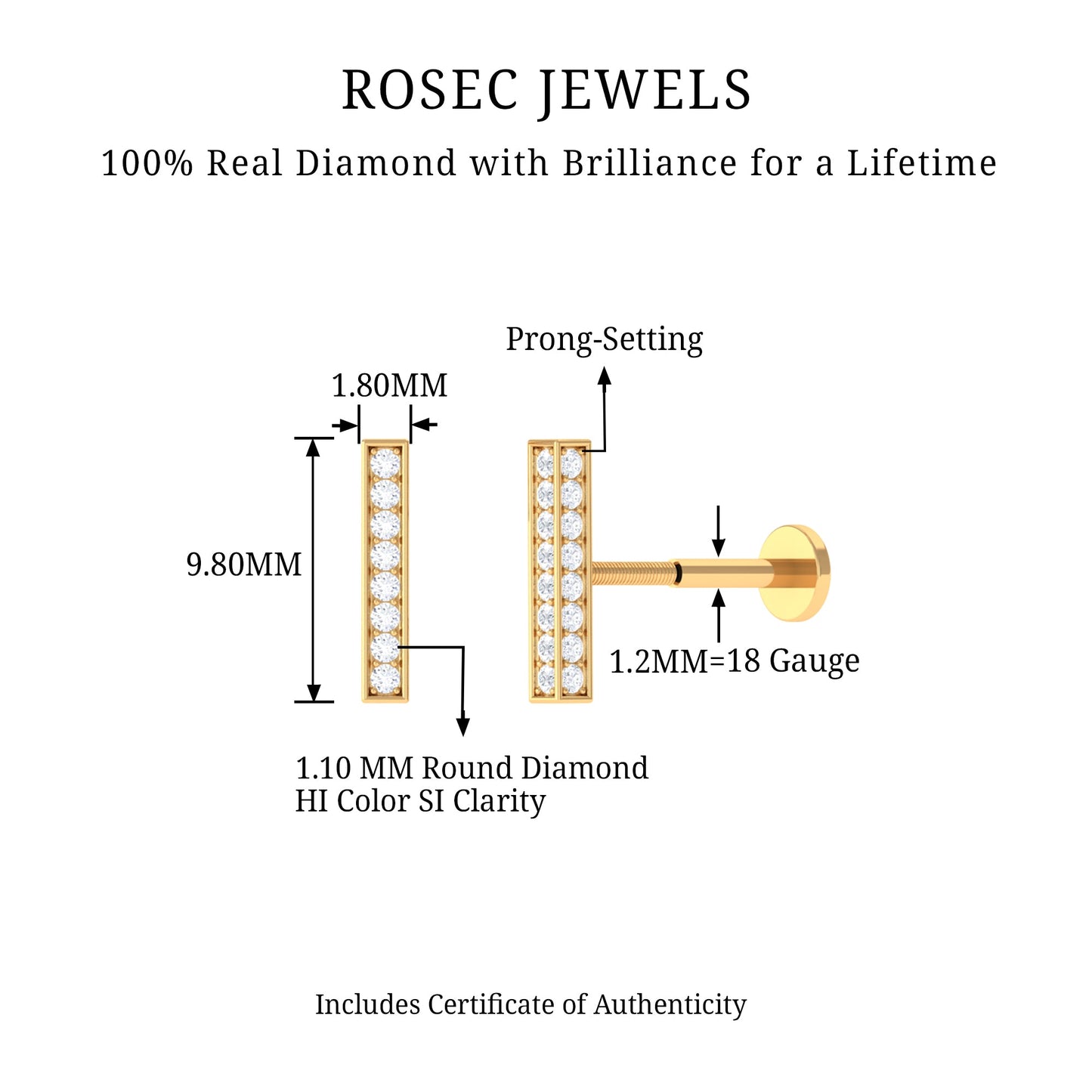 Minimalist Diamond Bar Earring for Helix Piercing