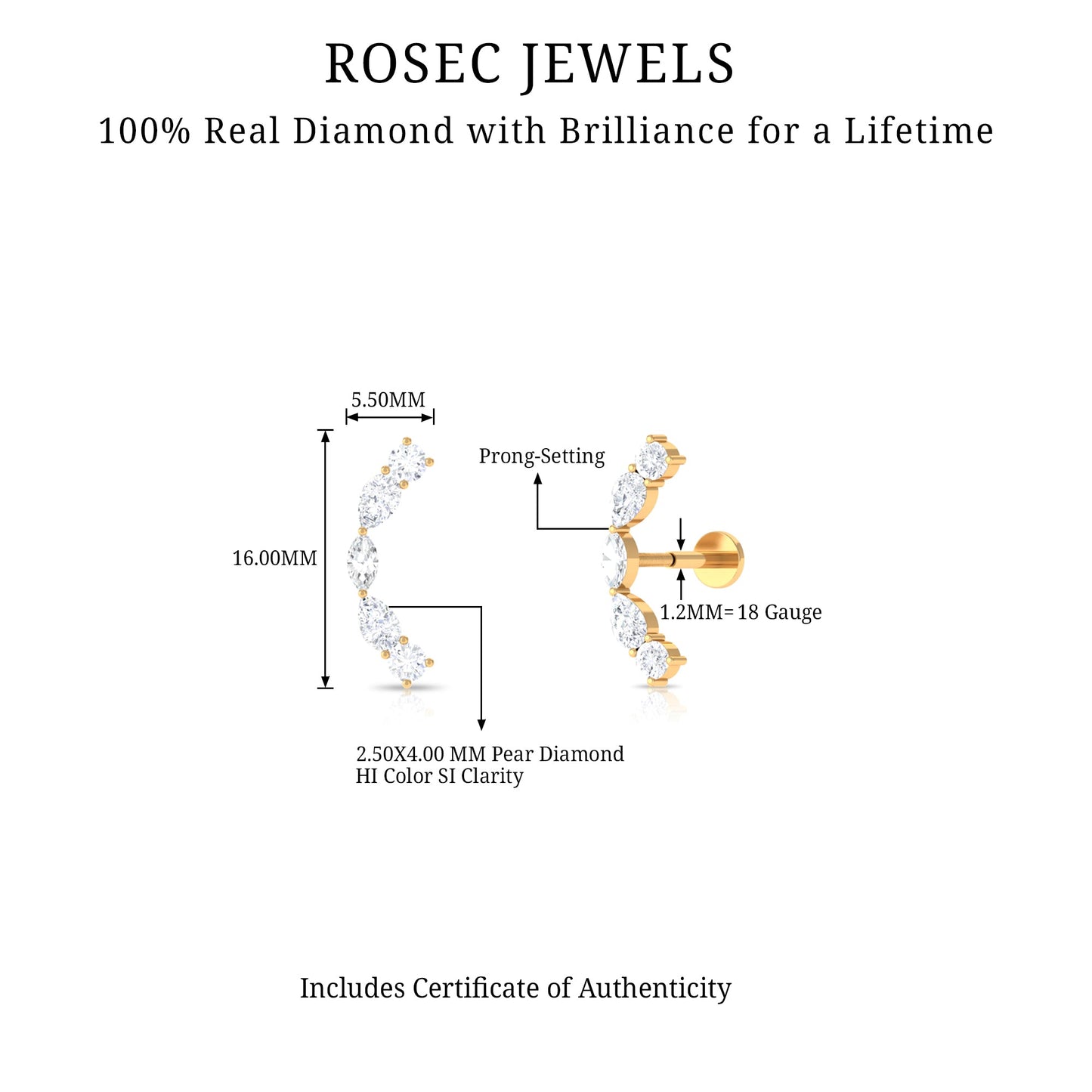 Pear Diamond Ear Crawler Earring for Helix Piercing