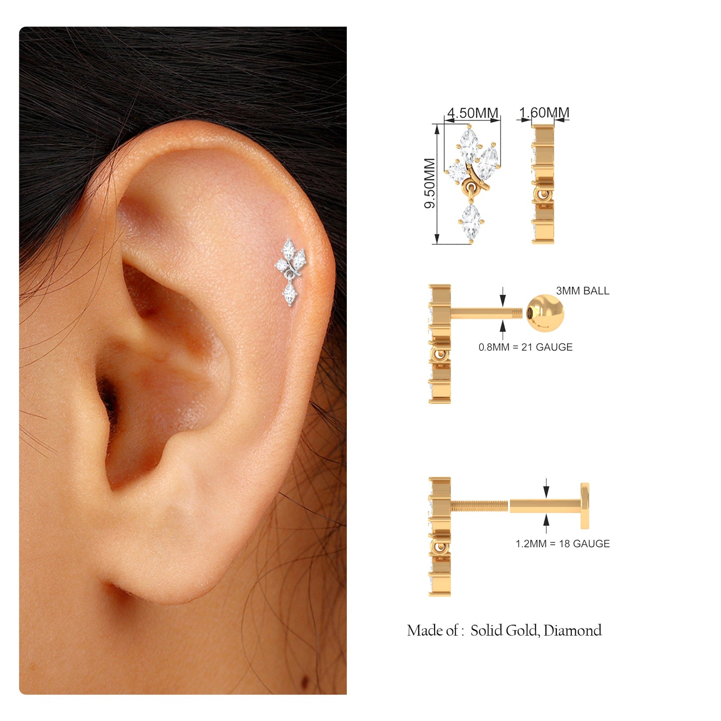 Marquise Moissanite Cartilage Dangle Earring