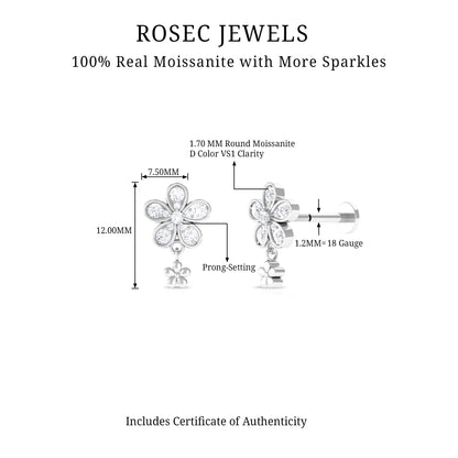 Moissanite Flower Drop Earring for Helix Piercing