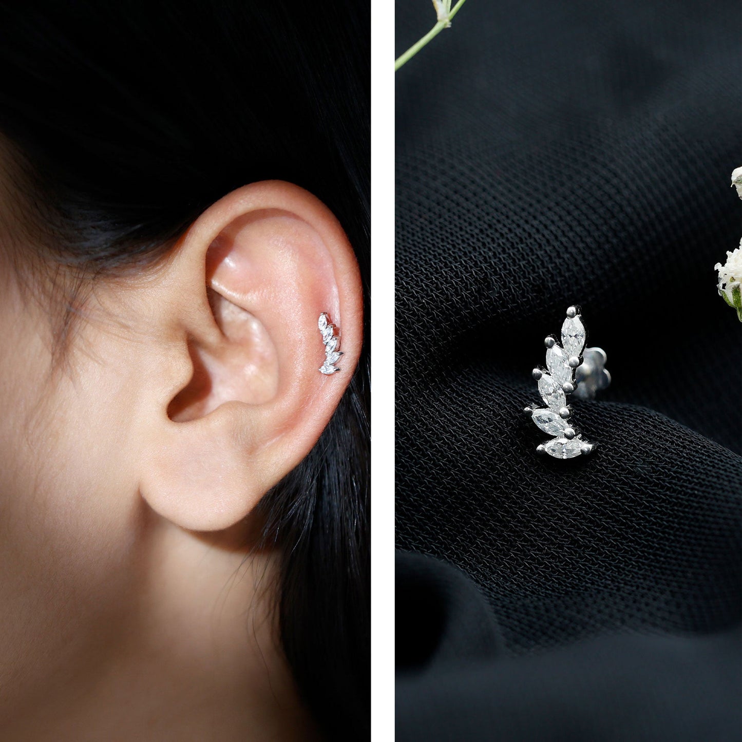 Marquise Moissanite Curved Helix Ear Crawler Earring