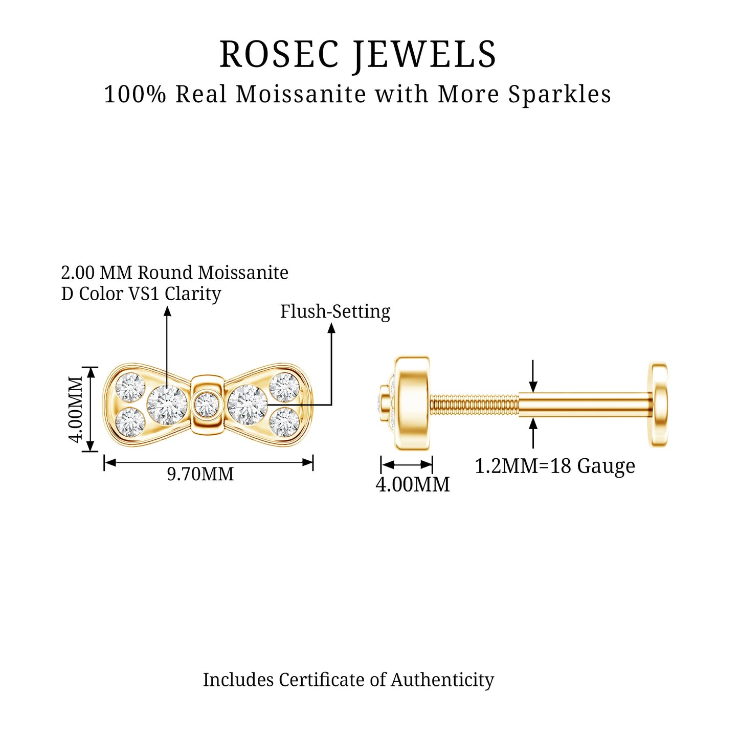 Moissanite Cute Bow Cartilage Earring with Certificate