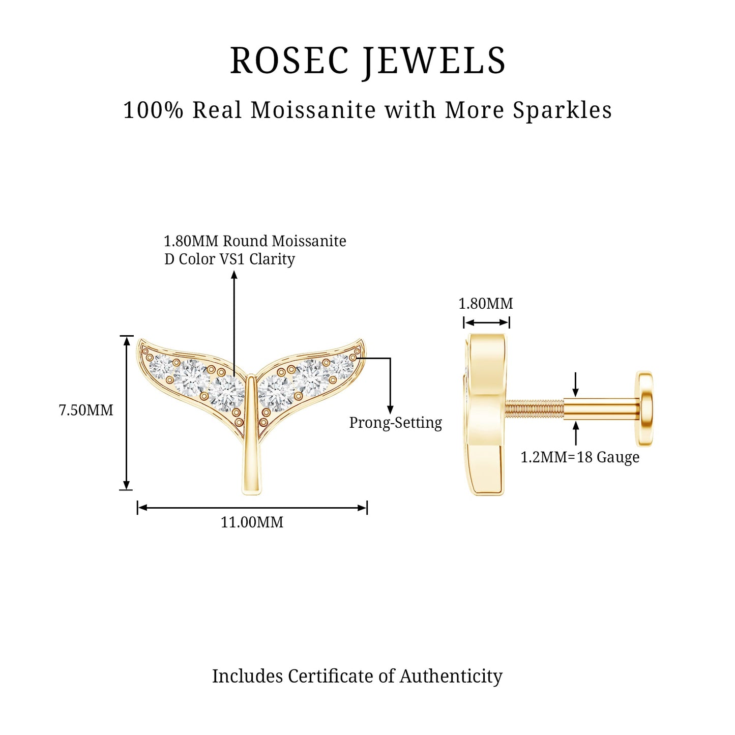 Moissanite Whale Tail Earring for Cartilage Piercing