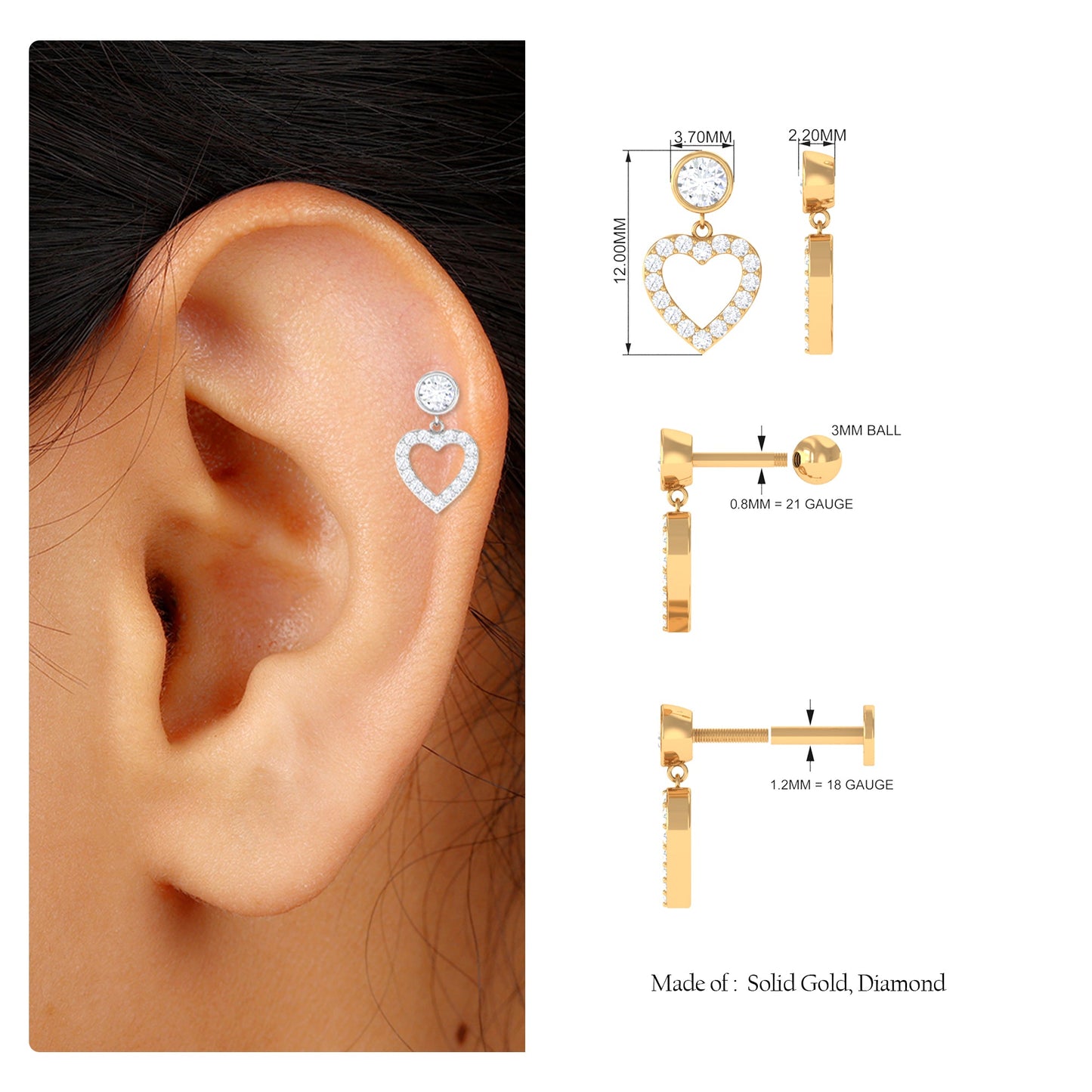 Minimal Moissanite Heart Dangle Earring for Helix Piercing