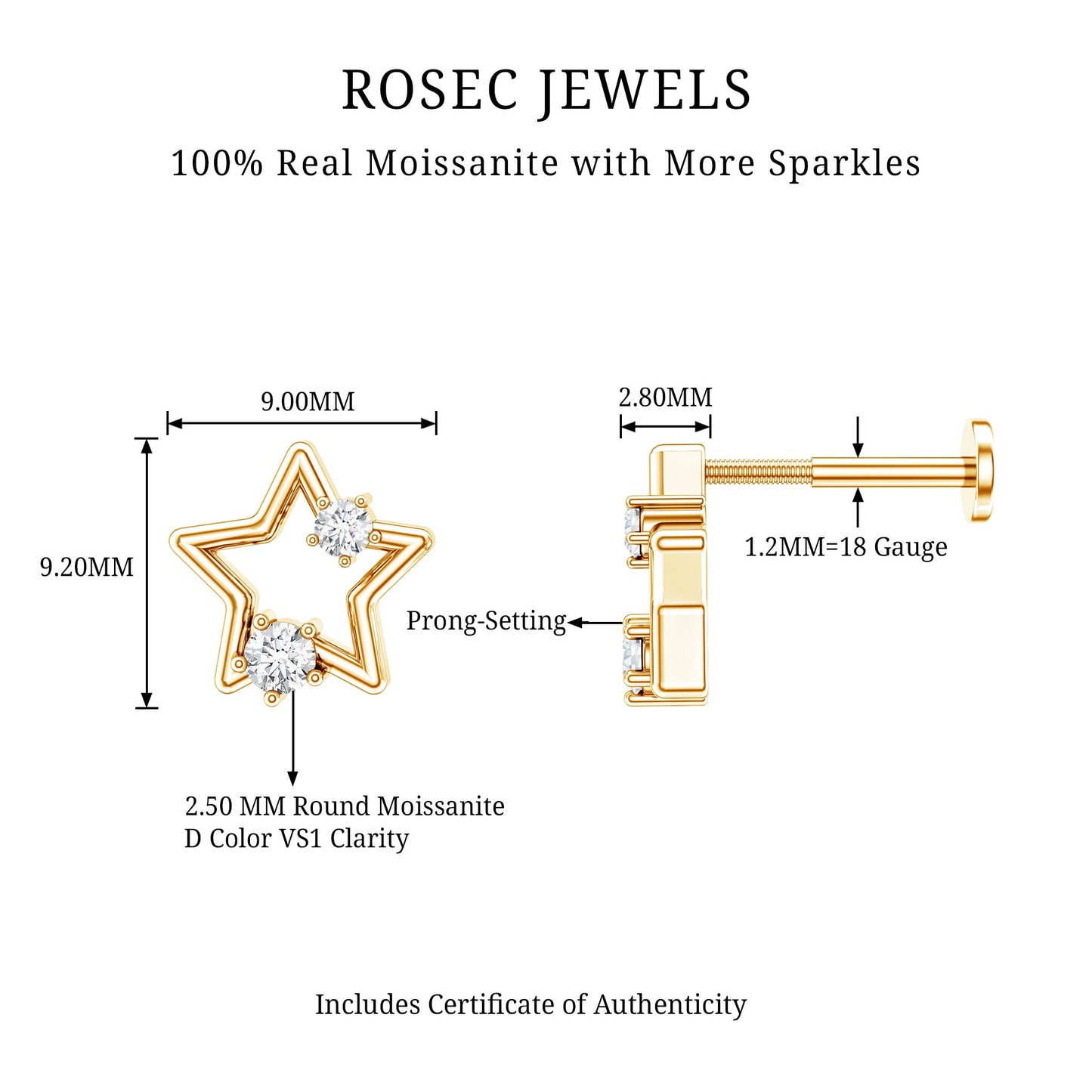 Certified Moissanite Star Shaped Earring for Upper Lobe Piercing