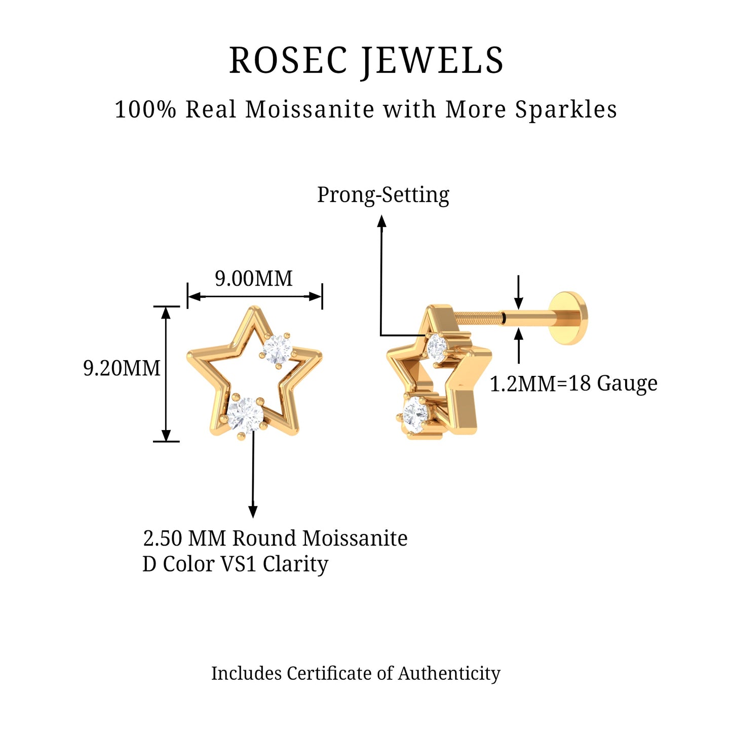 Certified Moissanite Star Shaped Earring for Upper Lobe Piercing