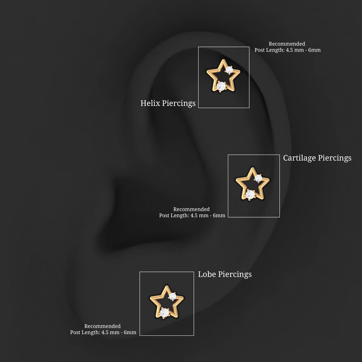 Certified Moissanite Star Shaped Earring for Upper Lobe Piercing