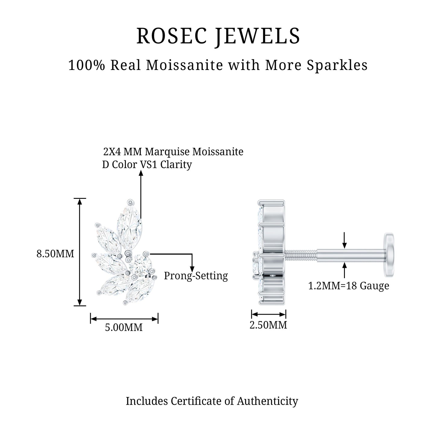 Marquise and Round Cut Moissanite Earring for Cartilage Piercing