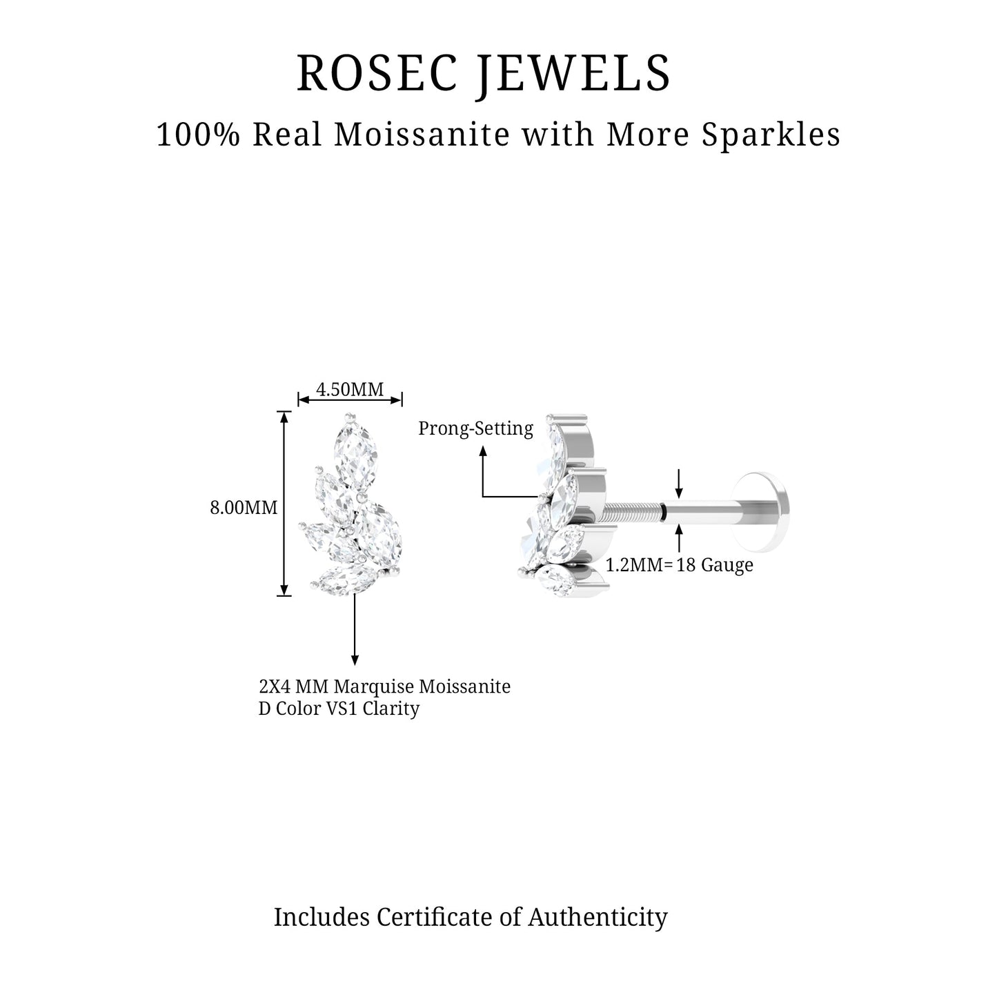 Marquise Moissanite Cluster Earring for Helix Piercing