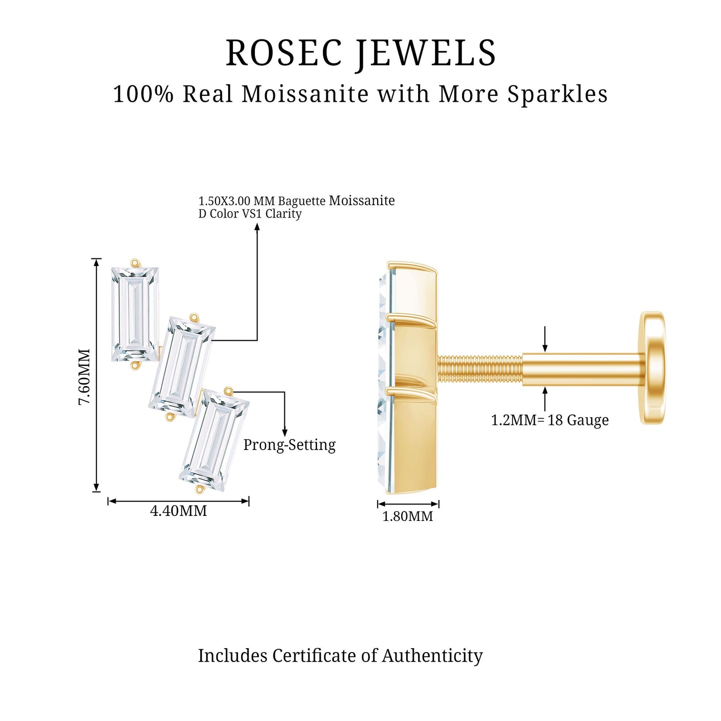 Baguette Cut Moissanite 3 Stone Earring for Helix Piercing