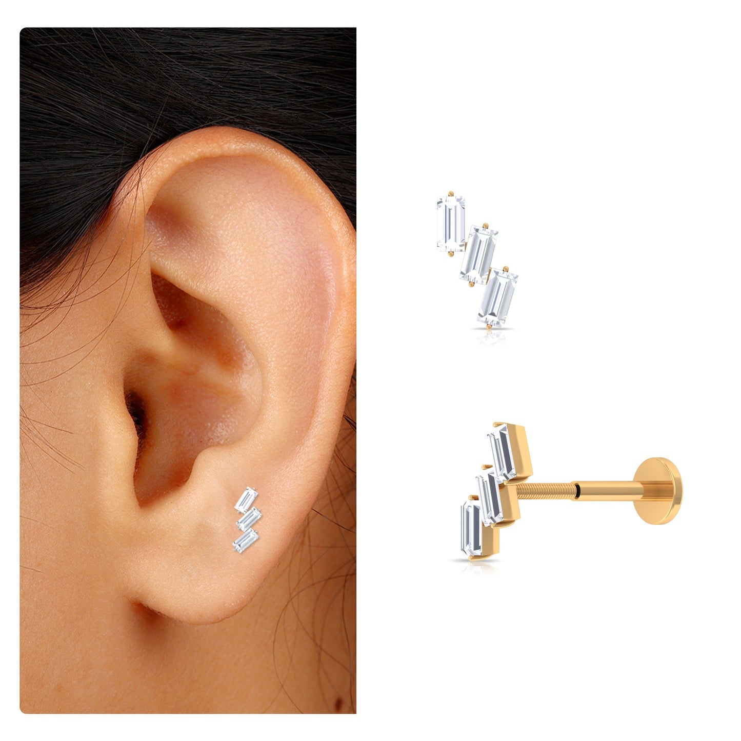 Baguette Cut Moissanite 3 Stone Earring for Helix Piercing
