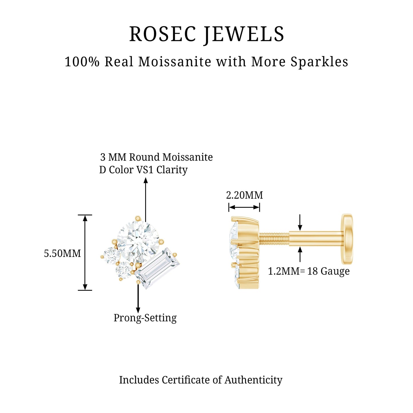 Baguette and Round Moissanite Cluster Tragus Earring