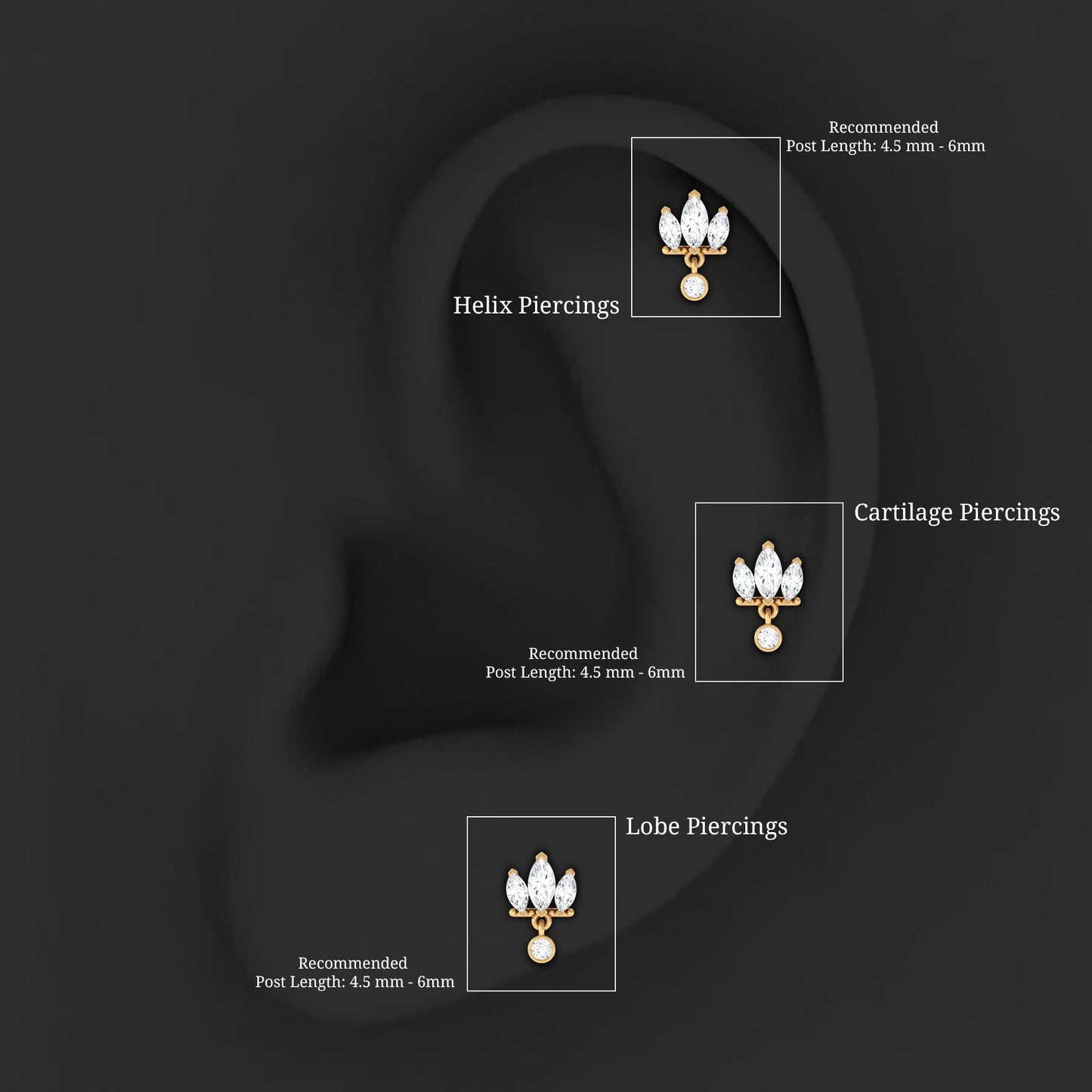 Marquise Moissanite Stud Drop Earring for Helix Piercing