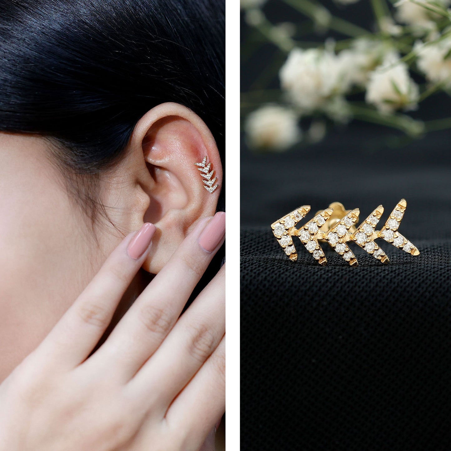 Certified Moissanite Leaf Crawler Earring for Helix Piercing