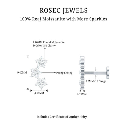 Certified Moissanite Three Flower Stud Earring for Helix Piercing