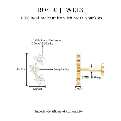 Certified Moissanite Three Flower Stud Earring for Helix Piercing