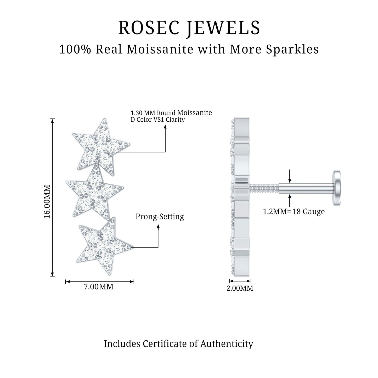 Certified Moissanite Star Ear Crawler Earring