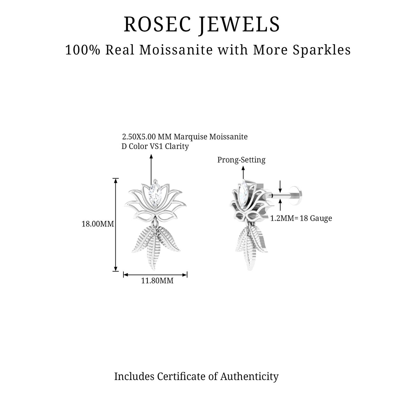 Marquise Moissanite Lotus Drop Earring for Cartilage Piercing