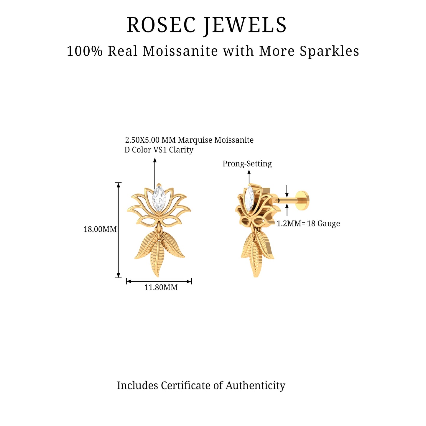 Marquise Moissanite Lotus Drop Earring for Cartilage Piercing